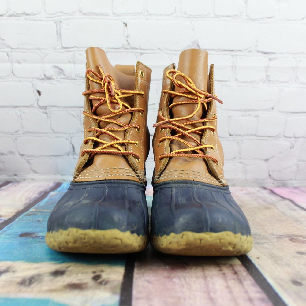 LL Bean Unlined Brown Leather Blue Rubber Duck Bean Boots Size 7 M - Picture 4 of 9
